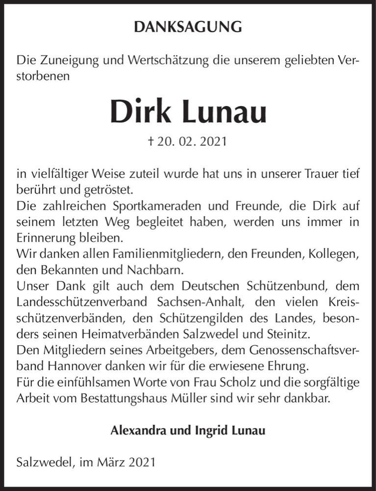  Traueranzeige für Dirk Lunau  vom 20.03.2021 aus Magdeburger Volksstimme