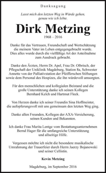Traueranzeige von Dirk Metzing  von Magdeburger Volksstimme