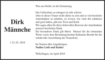 Traueranzeige von Dirk Männche  von Magdeburger Volksstimme