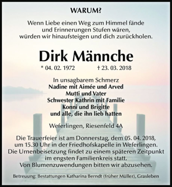 Traueranzeige von Dirk Männche  von Magdeburger Volksstimme