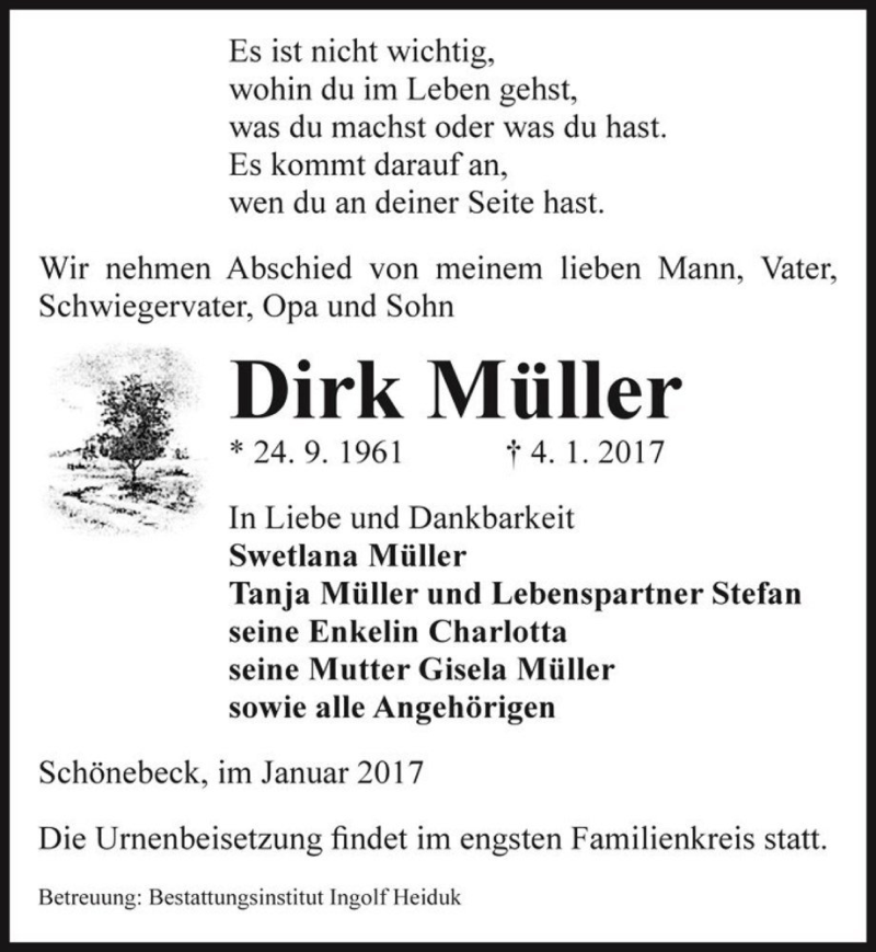  Traueranzeige für Dirk Müller  vom 07.01.2017 aus Magdeburger Volksstimme