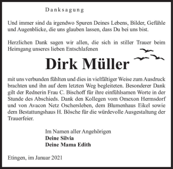 Traueranzeige von Dirk Müller  von Magdeburger Volksstimme