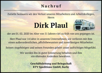 Traueranzeige von Dirk Plaul  von Magdeburger Volksstimme
