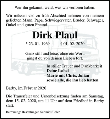 Traueranzeige von Dirk Plaul  von Magdeburger Volksstimme