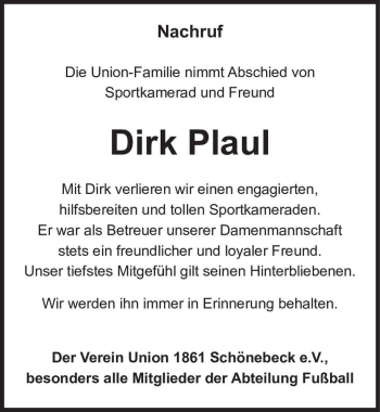 Traueranzeige von Dirk Plaul  von Magdeburger Volksstimme