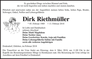 Traueranzeige von Dirk Riethmüller  von Magdeburger Volksstimme