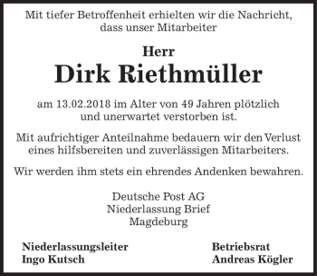 Traueranzeige von Dirk Riethmüller  von Magdeburger Volksstimme