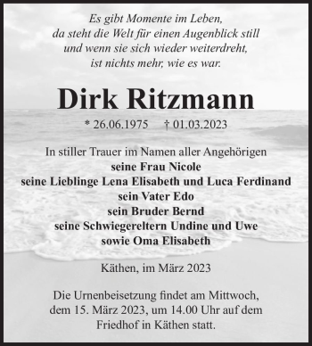 Traueranzeige von Dirk Ritzmann  von Magdeburger Volksstimme