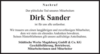 Traueranzeige von Dirk Sander  von Magdeburger Volksstimme