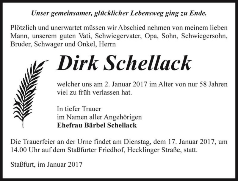  Traueranzeige für Dirk Schellack  vom 11.01.2017 aus Magdeburger Volksstimme