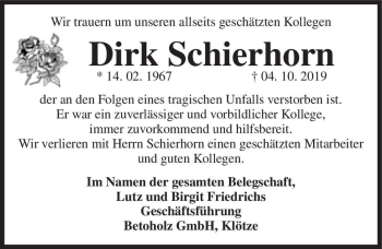 Traueranzeige von Dirk Schierhorn  von Magdeburger Volksstimme