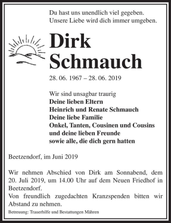 Traueranzeige von Dirk Schmauch  von Magdeburger Volksstimme