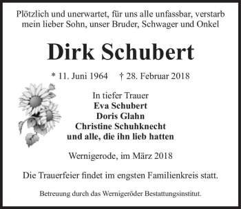 Traueranzeige von Dirk Schubert  von Magdeburger Volksstimme