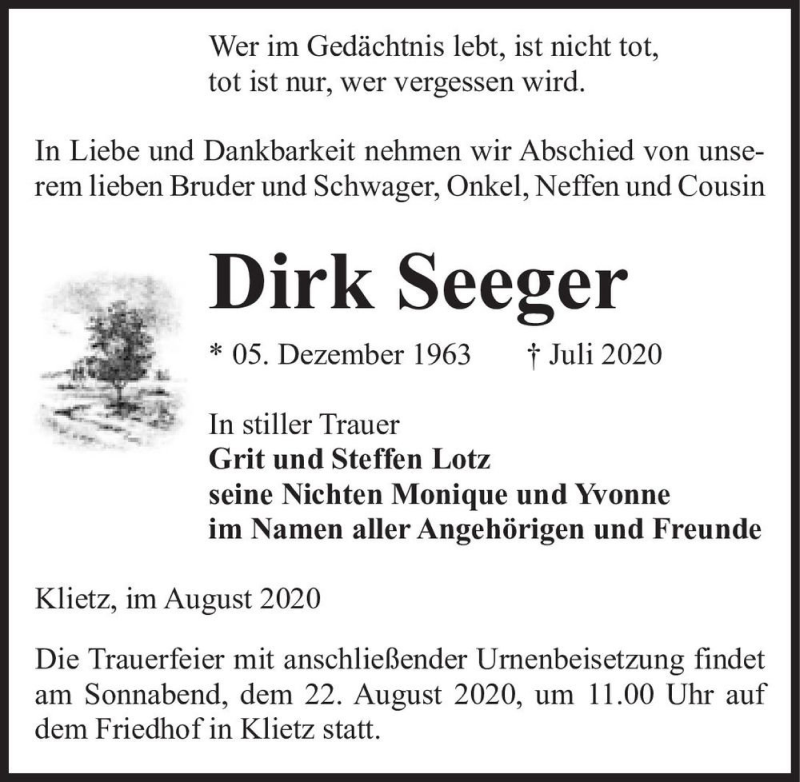  Traueranzeige für Dirk Seeger  vom 08.08.2020 aus Magdeburger Volksstimme