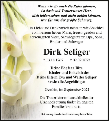 Traueranzeige von Dirk Seliger  von Magdeburger Volksstimme