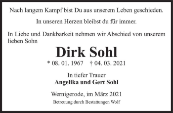 Traueranzeige von Dirk Sohl  von Magdeburger Volksstimme