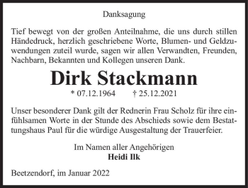 Traueranzeige von Dirk Stackmann  von Magdeburger Volksstimme