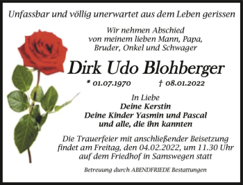 Traueranzeige von Dirk Udo Blohberger  von Magdeburger Volksstimme