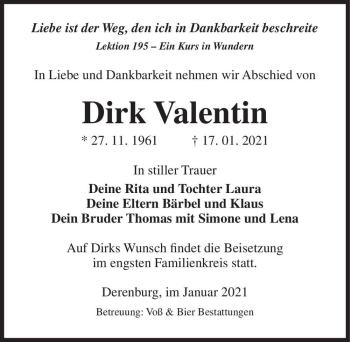Traueranzeige von Dirk Valentin  von Magdeburger Volksstimme