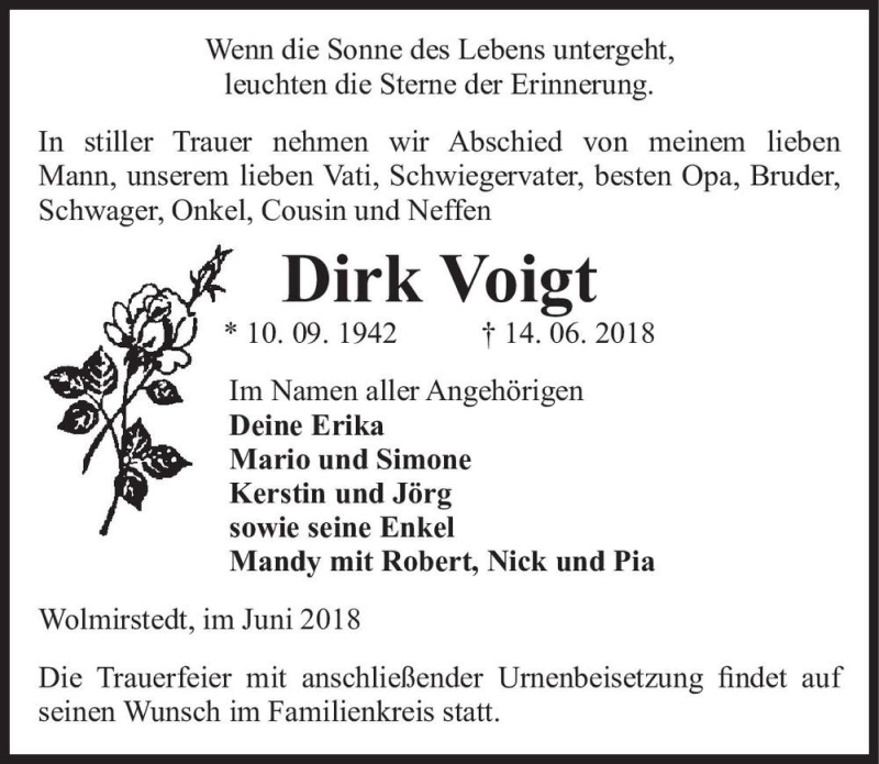  Traueranzeige für Dirk Voigt  vom 20.06.2018 aus Magdeburger Volksstimme