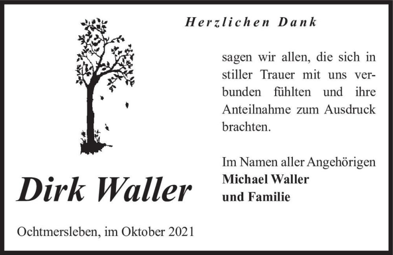  Traueranzeige für Dirk Waller  vom 16.10.2021 aus Magdeburger Volksstimme