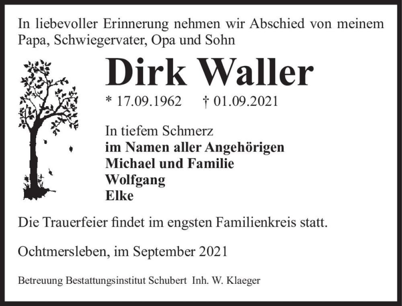  Traueranzeige für Dirk Waller  vom 11.09.2021 aus Magdeburger Volksstimme