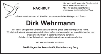 Traueranzeige von Dirk Wehrmann  von Magdeburger Volksstimme