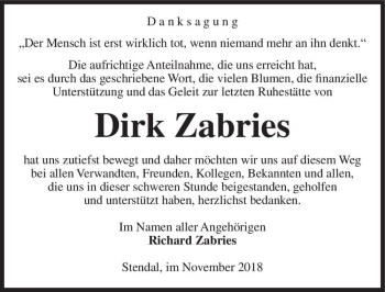 Traueranzeige von Dirk Zabries  von Magdeburger Volksstimme