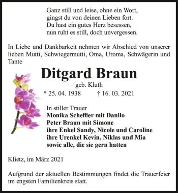 Traueranzeige von Ditgard Braun (geb. Kluth)  von Magdeburger Volksstimme