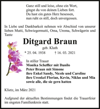 Traueranzeige von Ditgard Braun (geb. Kluth)  von Magdeburger Volksstimme