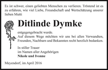 Traueranzeige von Ditlinde Dymke  von Magdeburger Volksstimme