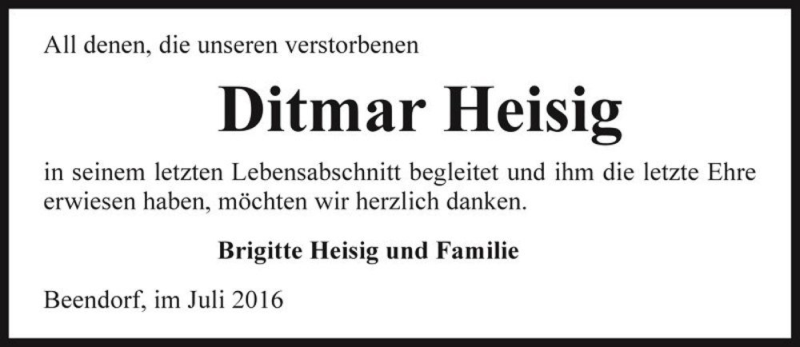 Traueranzeige für Ditmar Heisig  vom 20.07.2016 aus Magdeburger Volksstimme