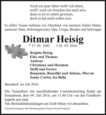 Traueranzeige von Ditmar Heisig  von Magdeburger Volksstimme