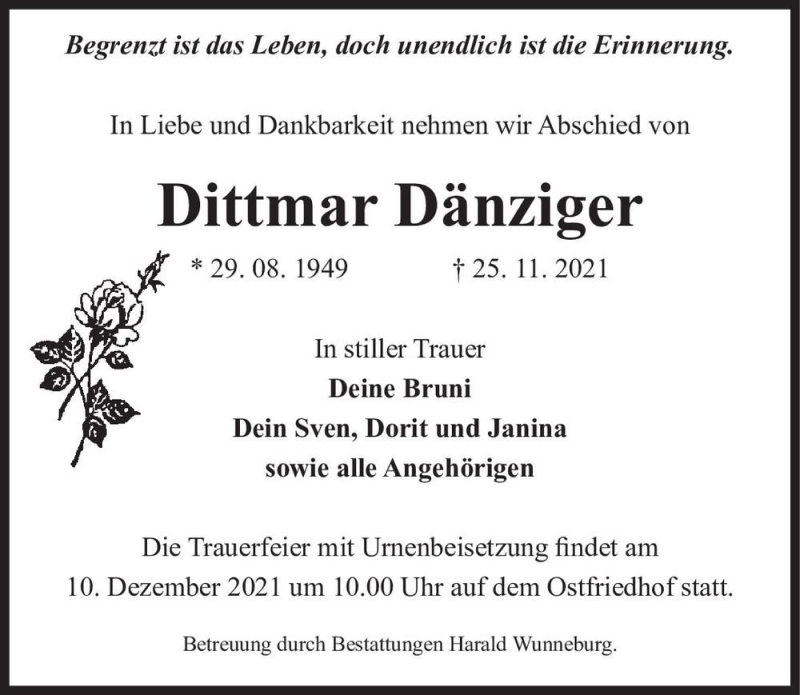 Traueranzeige für Dittmar Dänziger  vom 04.12.2021 aus Magdeburger Volksstimme