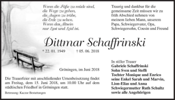 Traueranzeige von Dittmar Schaffrinski  von Magdeburger Volksstimme