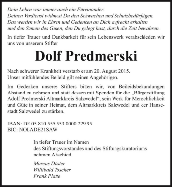Traueranzeige von Dolf Predmerski  von Magdeburger Volksstimme