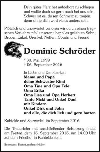Traueranzeige von Dominic Schröder  von Magdeburger Volksstimme
