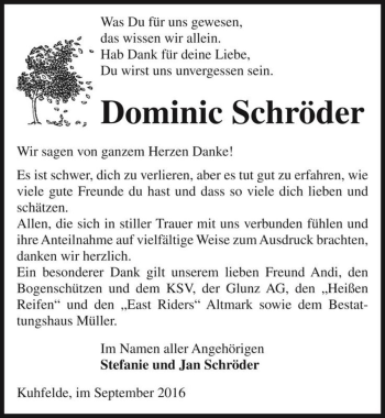 Traueranzeige von Dominic Schröder  von Magdeburger Volksstimme