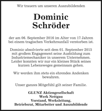 Traueranzeige von Dominic Schröder  von Magdeburger Volksstimme