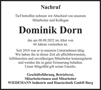 Traueranzeige von Dominik Dorn  von Magdeburger Volksstimme