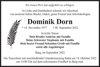 Traueranzeige von Dominik Dorn  von Magdeburger Volksstimme