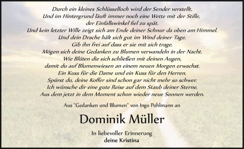  Traueranzeige für Dominik Müller  vom 18.12.2020 aus Magdeburger Volksstimme
