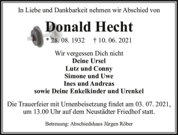 Traueranzeige von Donald Hecht  von Magdeburger Volksstimme