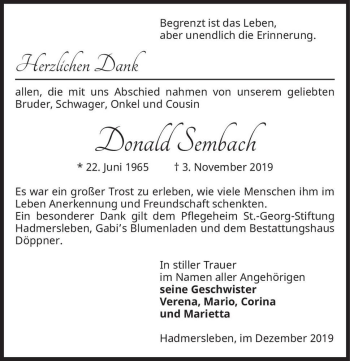 Traueranzeige von Donald Sembach  von Magdeburger Volksstimme