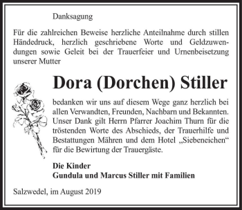 Traueranzeige von Dora (Dorchen) Stiller  von Magdeburger Volksstimme