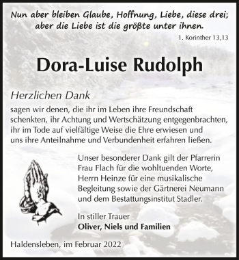 Traueranzeige von Dora-Luise Rudolph  von Magdeburger Volksstimme