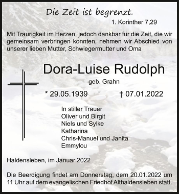 Traueranzeige von Dora-Luise Rudolph (geb. Grahn)  von Magdeburger Volksstimme