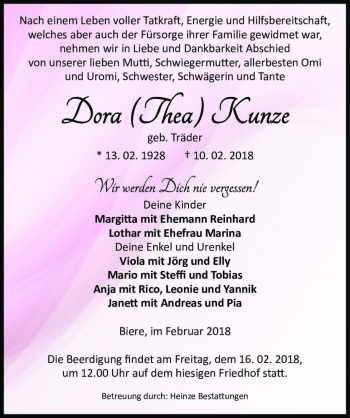 Traueranzeige von Dora (Thea) Kunze (geb. Träder)  von Magdeburger Volksstimme