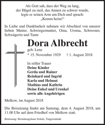Traueranzeige von Dora Albrecht (geb. Lenz)  von Magdeburger Volksstimme