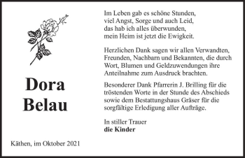 Traueranzeige von Dora Belau  von Magdeburger Volksstimme